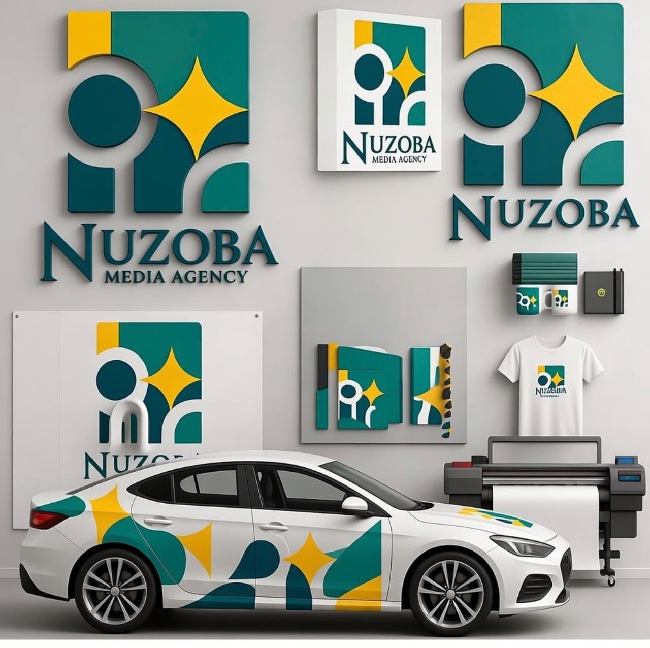 Nuzoba brand concept with signage, stationery, apparel and vehicle branding